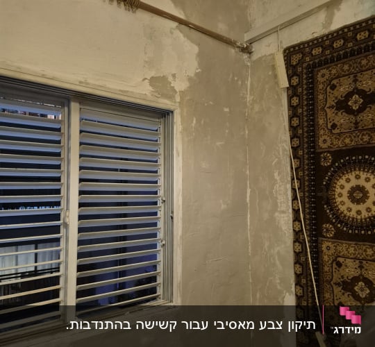קיר עם טיח מתקלף וחלון עם תריסים